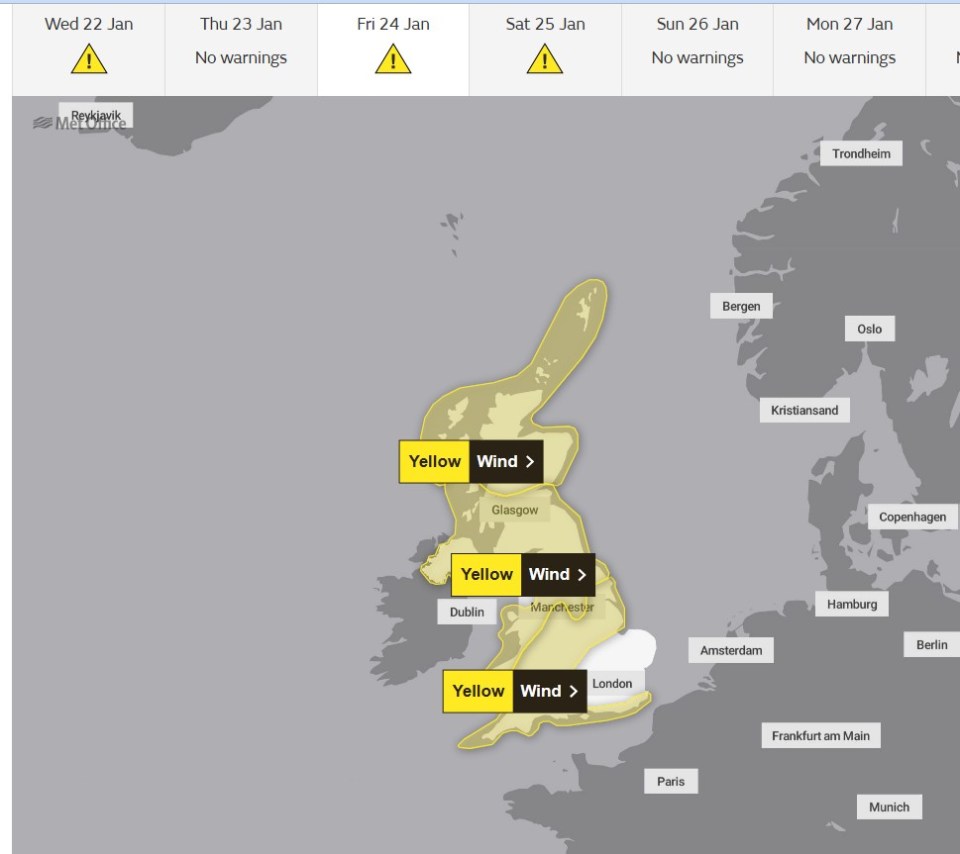 Met Office weather warning map showing yellow wind warnings for the UK on January 24th and 25th.