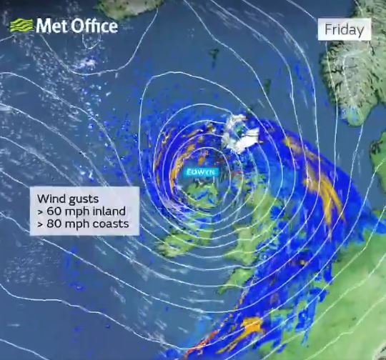 Weather map showing strong winds; gusts over 60 mph inland, over 80 mph on coasts.