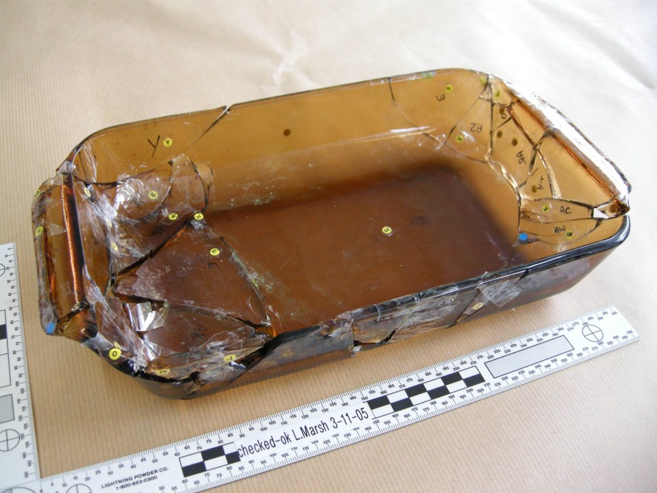 Reconstructed broken glass dish used in a murder.