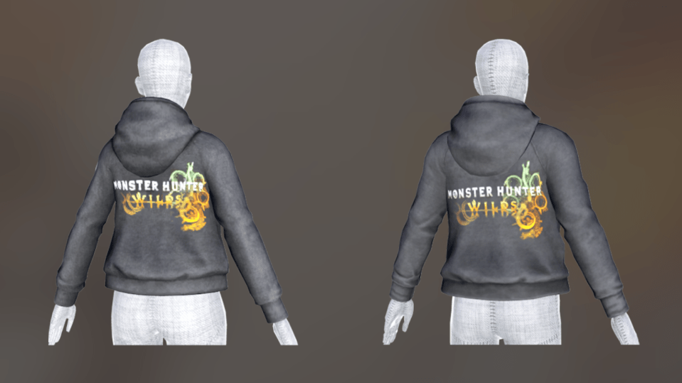 Illustration of a gray Monster Hunter Wilds hoodie.