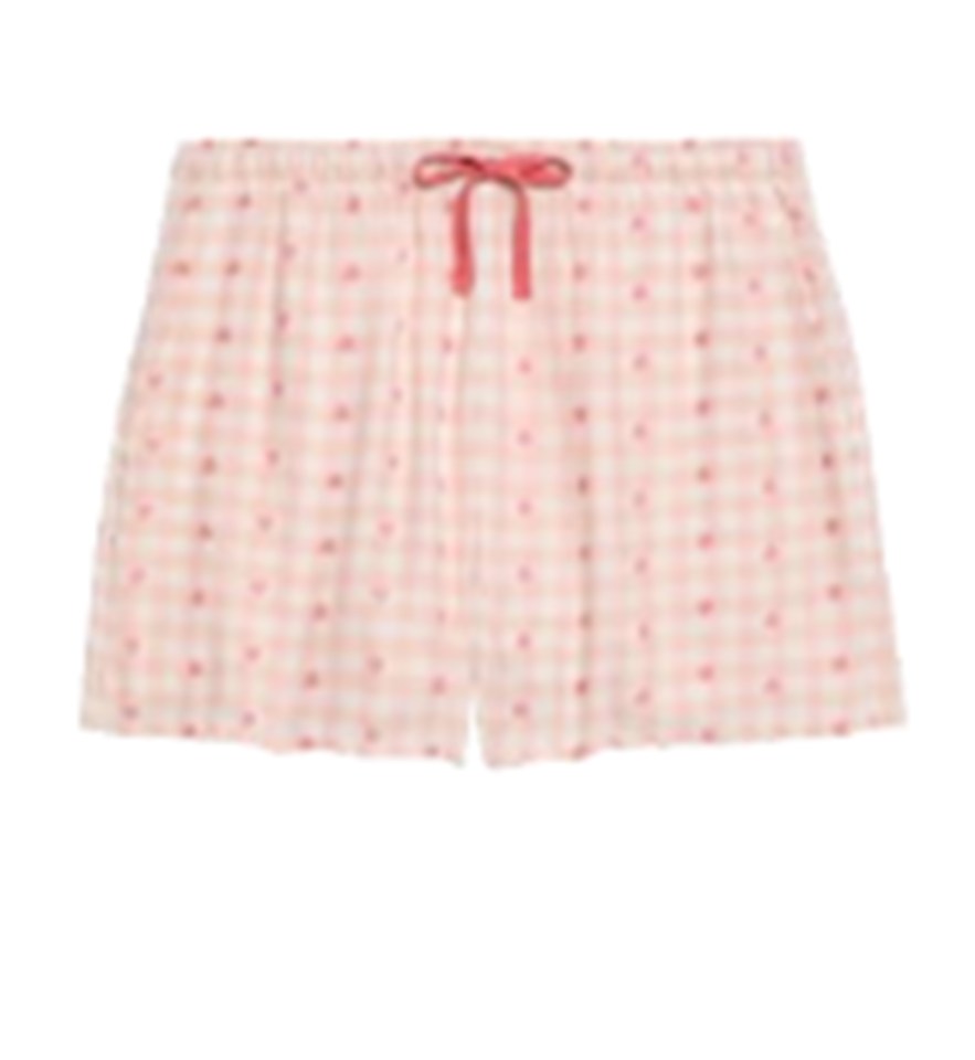 Pink gingham pajama shorts with a drawstring waist.