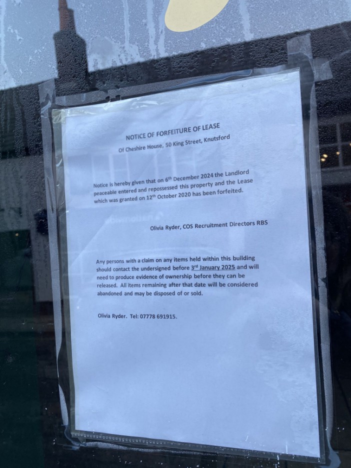 Irish bar The Rusty Shamrock has closed in Knutsford, Cheshire. Sign on the window showing repossession of property Credit: MEN Media