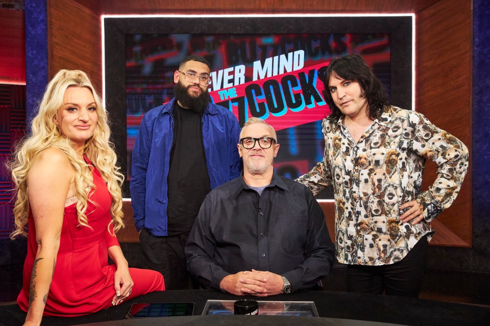 Greg Davies hosting a music panel show with Daisy May Cooper, Noel Fielding, and Jamali Maddox.