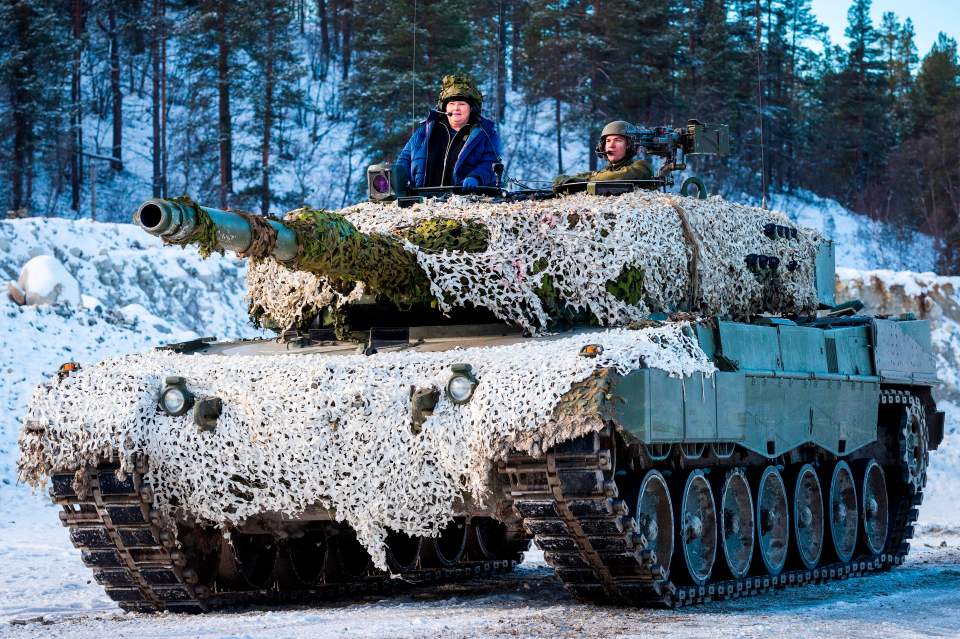 Norway's Prime Minister in a Leopard 2 battle tank during NATO exercise Trident Juncture.