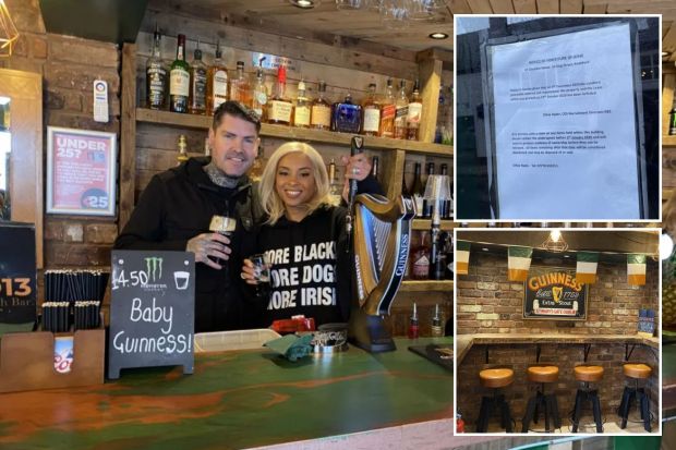 Collage of photos showing a pub interior, owners, and a notice of lease forfeiture.