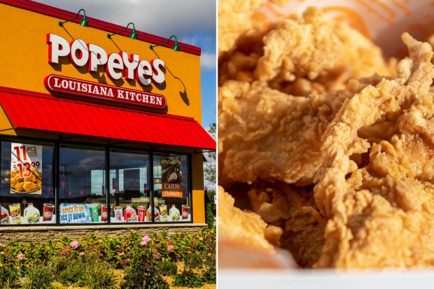 Popeyes Louisiana Kitchen restaurant exterior and close-up of fried chicken tenders.