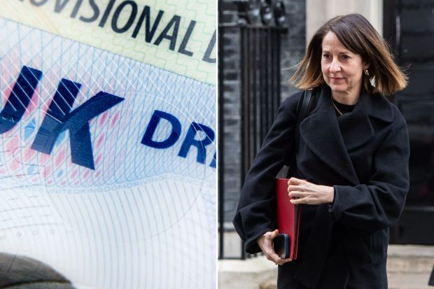 Close-up of a UK provisional driving licence and a woman in a black coat carrying a red folder.