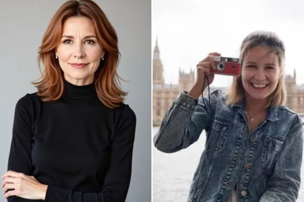 Collage of two women; one in a black turtleneck, the other holding a camera in front of a London landmark.