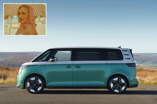 Teal Volkswagen ID. Buzz van with a woman in a pink headscarf and polka dot umbrella in an inset.