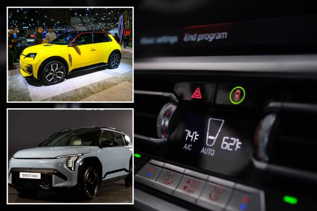 Collage of a yellow and a light blue electric SUV, and a close-up of the car's climate control panel.