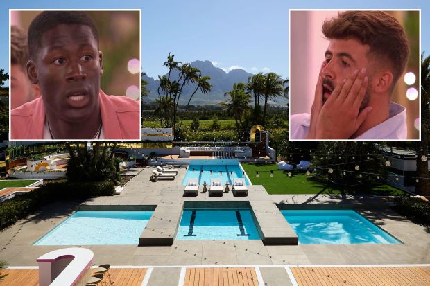 Collage of Love Island contestants and the villa's pool area.