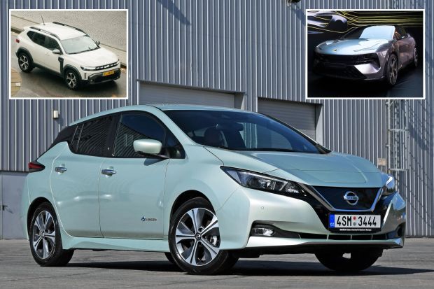 Collage of three electric cars: a light green Nissan Leaf, a white SUV, and a silver sports car.