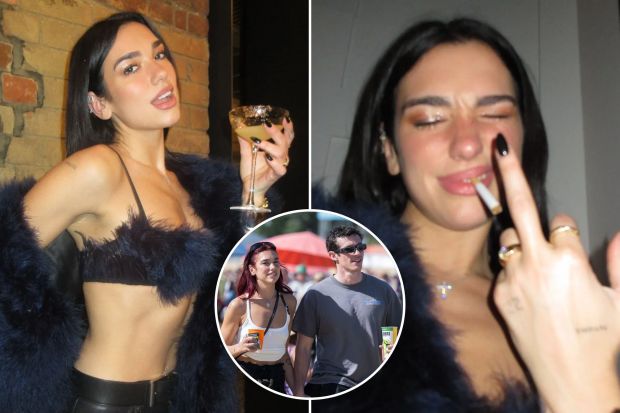 Dua Lipa in various settings; drinking, smoking, and walking with a man.