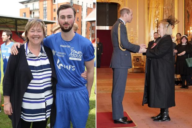 Diptych showing a woman and young man at a sports event and a woman receiving an award from Prince William.