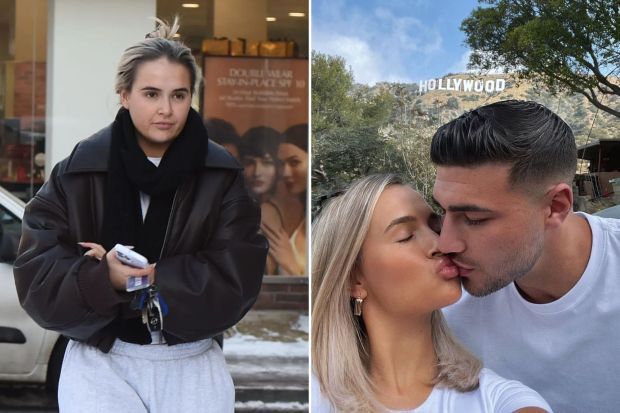 Collage of a woman walking outside and a couple kissing in front of the Hollywood sign.