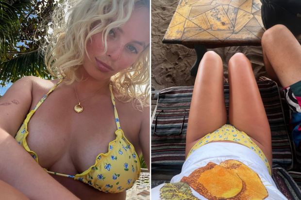 Collage of a woman in a yellow floral bikini and a person's legs at a beachside table.