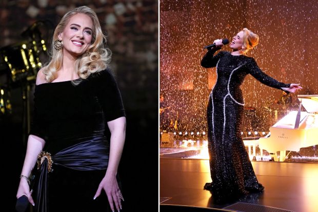 Adele in two different black dresses performing on stage.