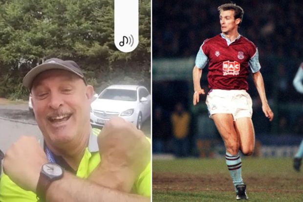 Split image: a man in a high-vis vest and a soccer player.