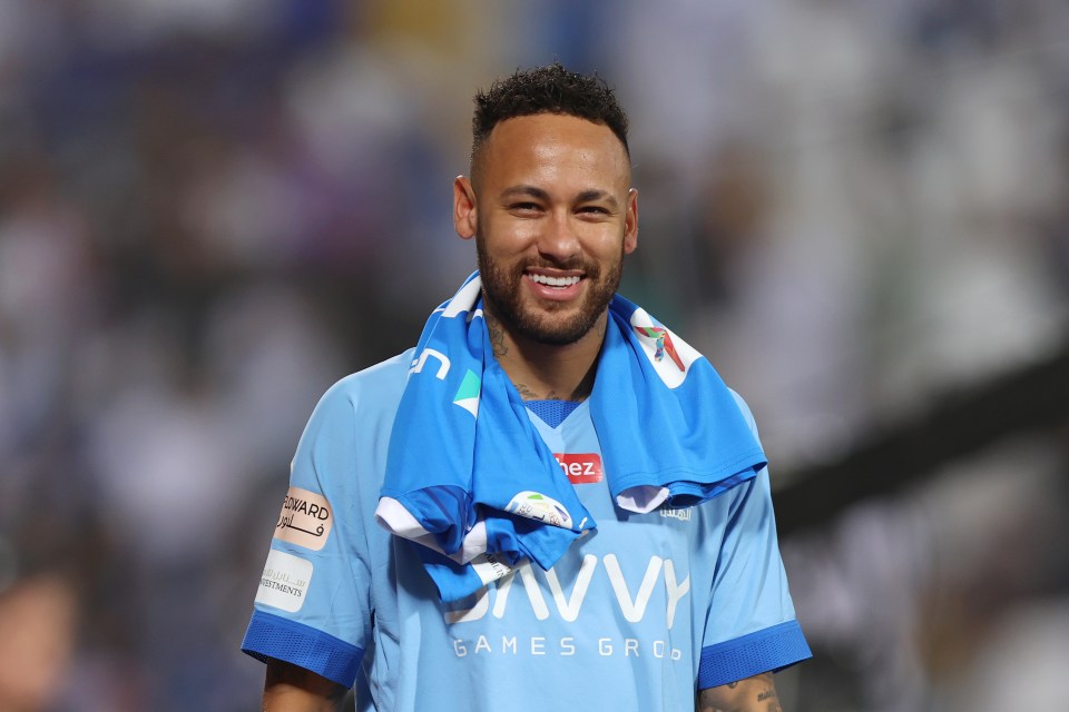 Neymar Jr. of Al-Hilal smiling before a soccer match.