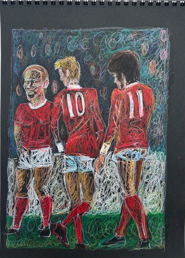 Illustration of three soccer players in red uniforms with their numbers on the back.