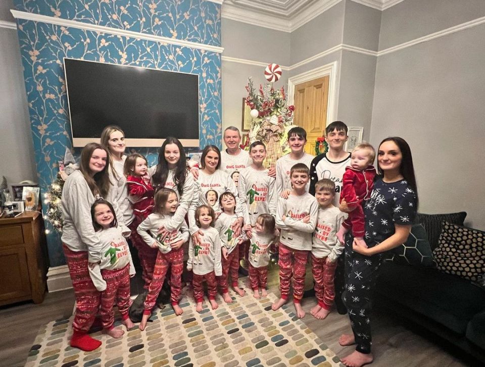 Large family in matching Christmas pajamas.