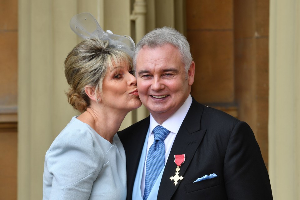 Eamonn Holmes and Ruth Langsford at an investiture ceremony; he is wearing his OBE.