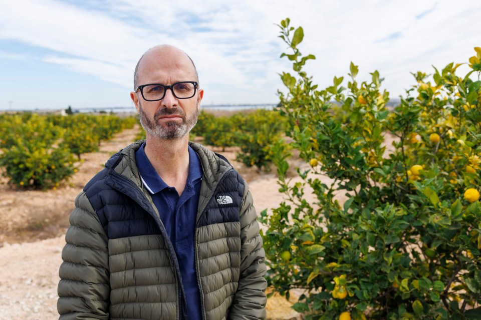 Man in a puffer jacket standing in a lemon grove.