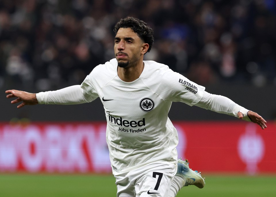 Omar Marmoush of Eintracht Frankfurt celebrating a goal.