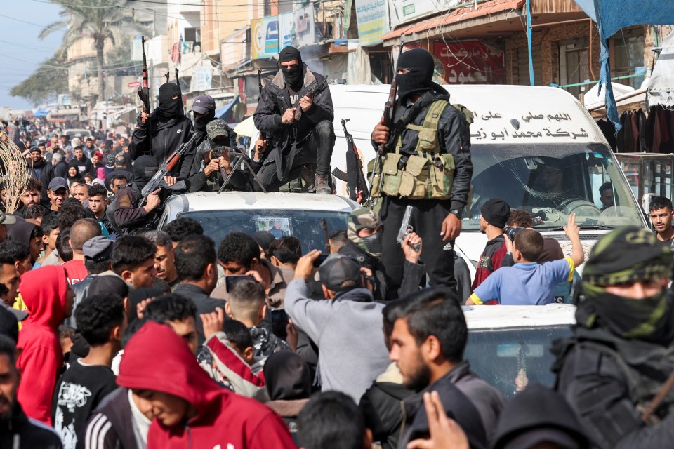 Hamas militants in a ceasefire parade in Gaza.