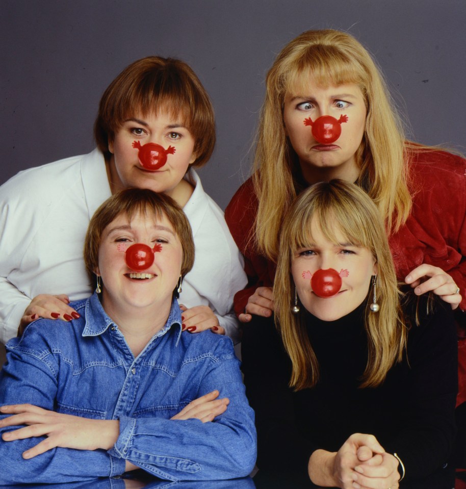 Four women wearing red clown noses.