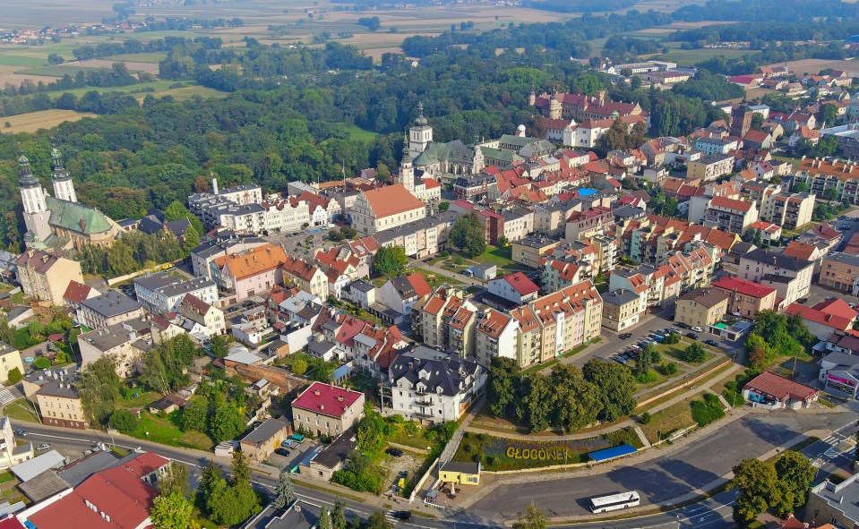 Aerial view of Glogowek, Poland, showing the town hall and castle.