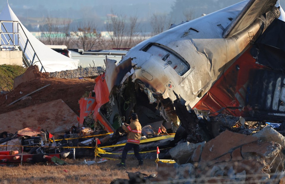 Debris from a plane crash at an airport, with a firefighter surveying the scene.