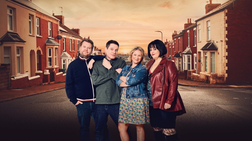 Cast photo of Gavin & Stacey: James Corden, Mathew Horne, Joanna Page, and Ruth Jones.