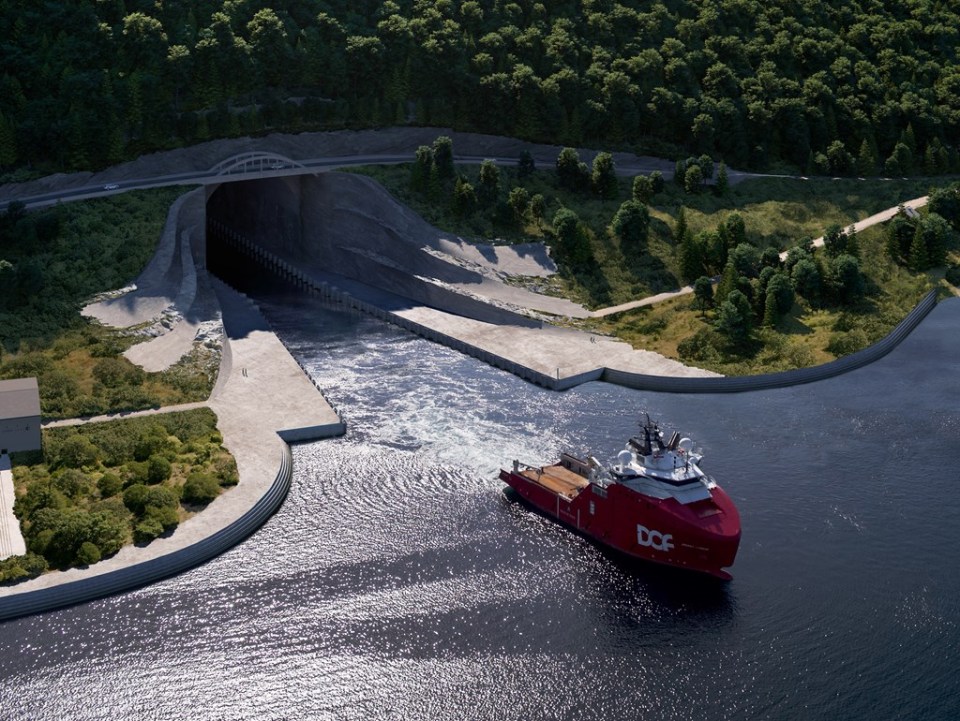 Illustration of the Stad Ship Tunnel in Norway, showing a ship entering the tunnel.