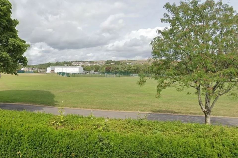 A grassy field with a building in the background.