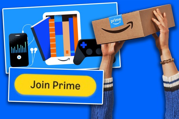 Illustration of Amazon Prime benefits including books, music, games, and free shipping, with a &quot;Join Prime&quot; button.