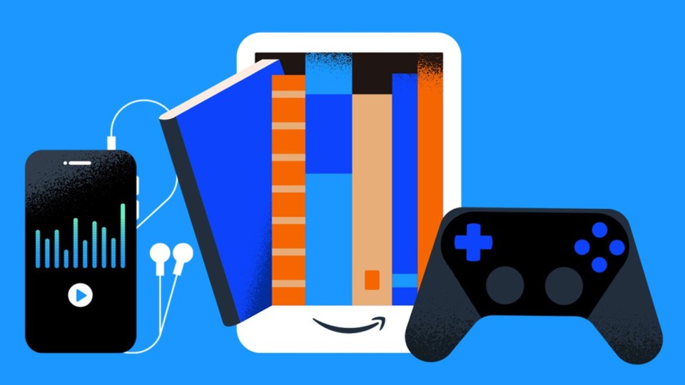 Illustration of a smartphone playing music, a tablet displaying books, and a video game controller, representing Amazon Prime Student benefits.