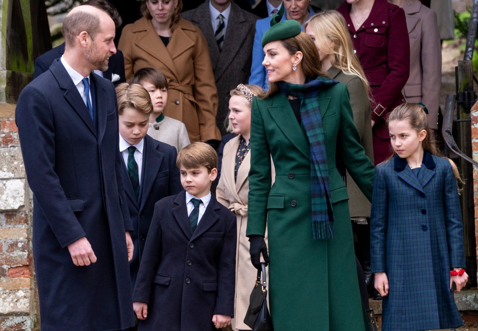 Prince William, Catherine, Princess of Wales, and their three children attending a Christmas service.