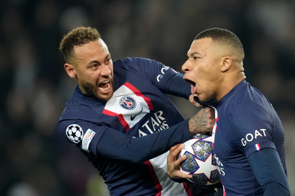 Neymar and Kylian Mbappé celebrating after a disallowed goal.