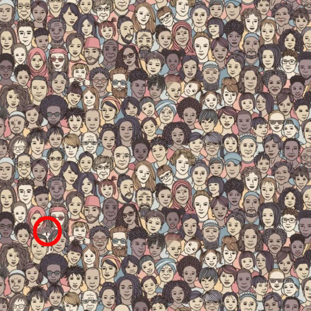 Illustration of a cat hidden among many human faces.