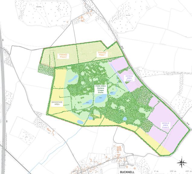 Site plan for a new British cultural and historical attraction, showing park areas, gardens, villages, shows, parking, and hotels.