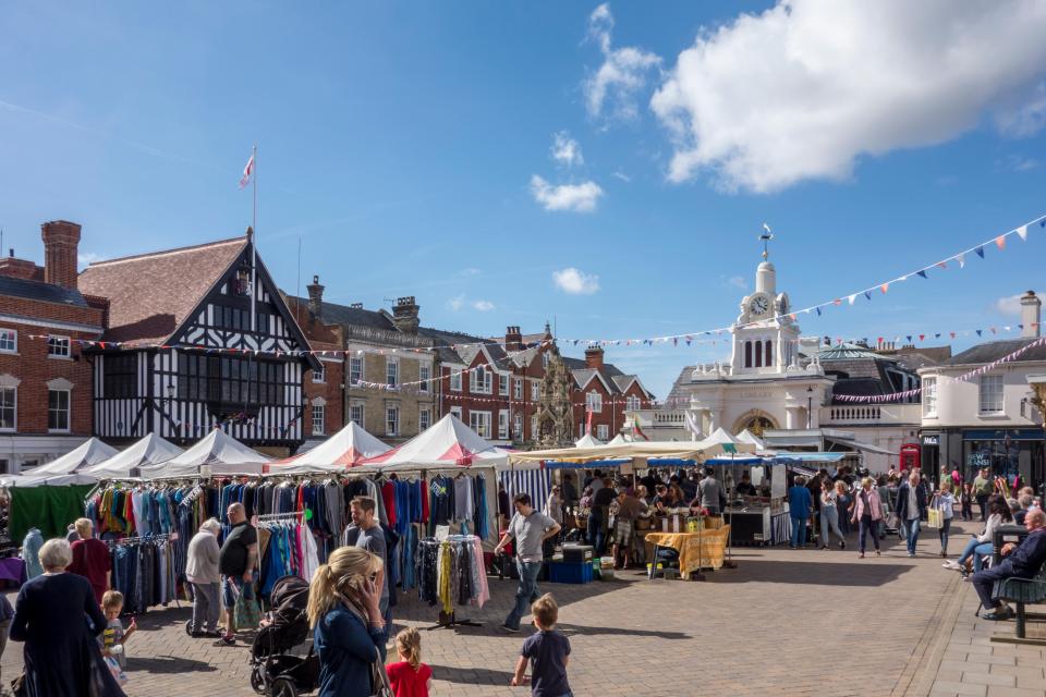 Saffron Walden market in Essex, UK.