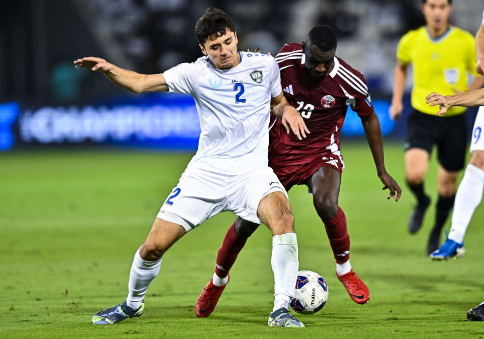 Two soccer players vying for the ball during a match.