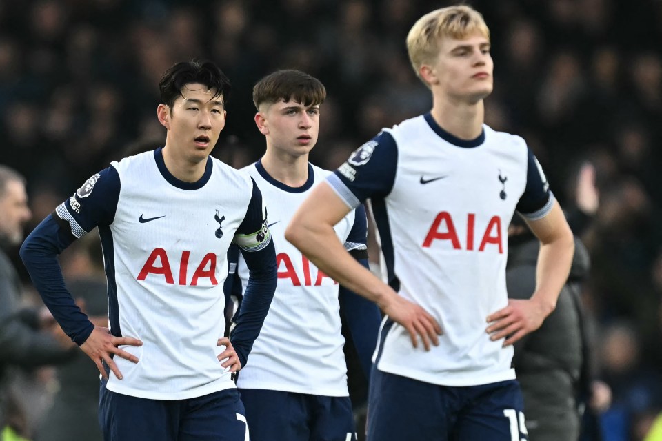 Three Tottenham Hotspur players looking dejected after a soccer match.