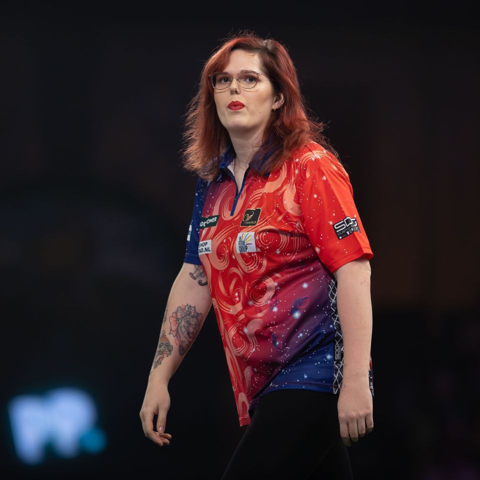 Noa-Lynn van Leuven reacting during a darts match.