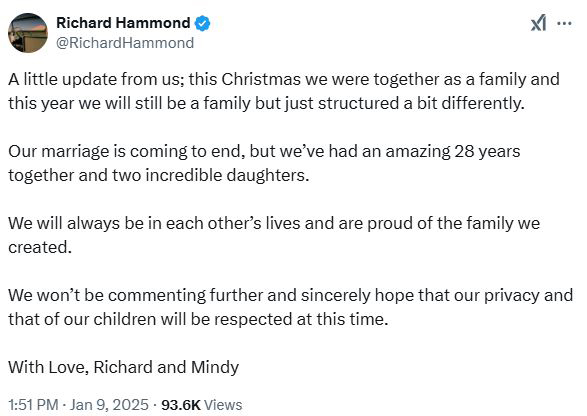 Richard Hammond's tweet announcing his marriage separation.