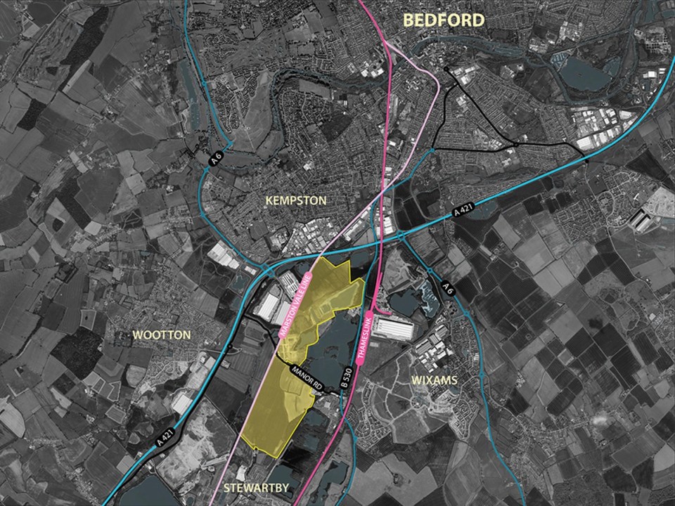 Map highlighting proposed location of a theme park near Bedford.