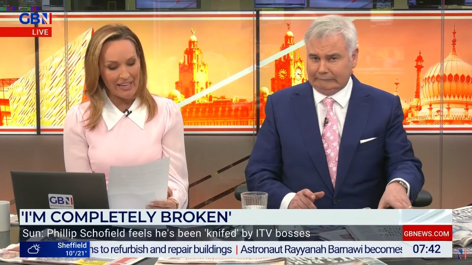 Screenshot of Eamonn Holmes and Isabel Webster on GB News discussing Phillip Schofield.