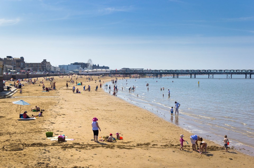 Crowded beach in Weston-super-Mare with pier in background.