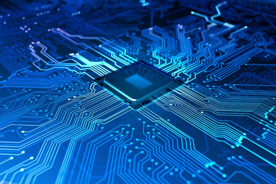 Illustration of a semiconductor circuit board with data flowing.